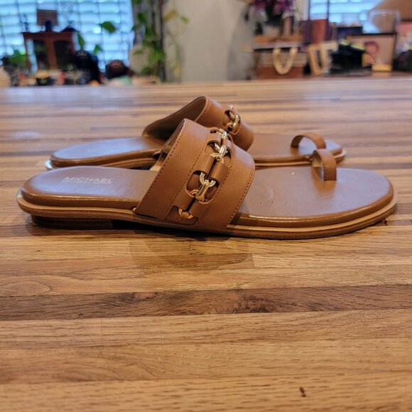 Michael Kors Sadie Flat  Embellished Leather Sandals  Luggage  Brown Leather - Picture 10 of 14